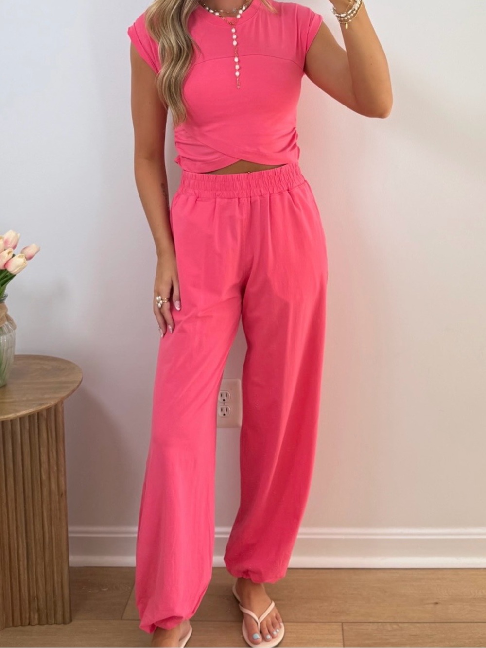 Pink Ruched Crossover Cropped Set